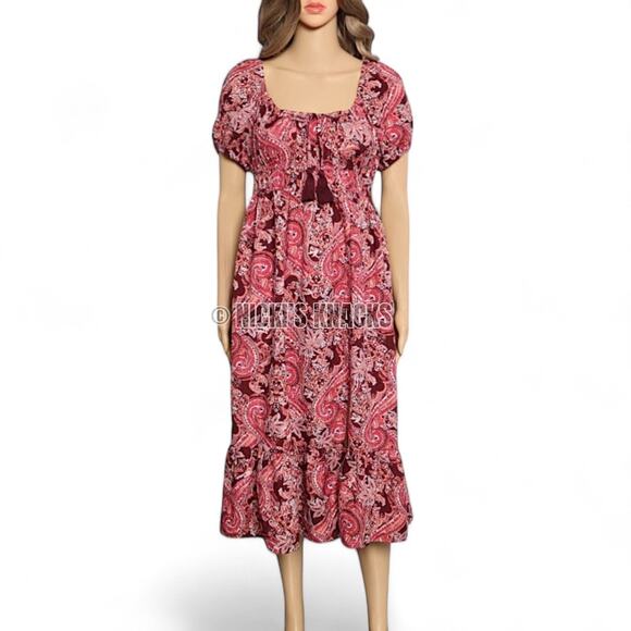 BOG Collective Midi Dress Cottagecore Burgundy Puff Sleeve Boho Prairie Size S - Picture 2 of 10